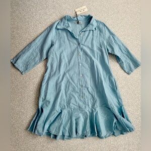 Light Blue Linen Blend Button-Down Dress